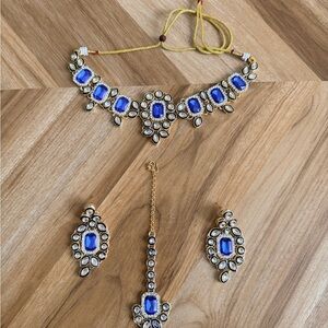 Royal Blue Kundan-Inspired Necklace Set with Earrings and Maang Tikka